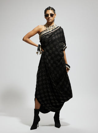 Black aztec one shoulder cowl dress