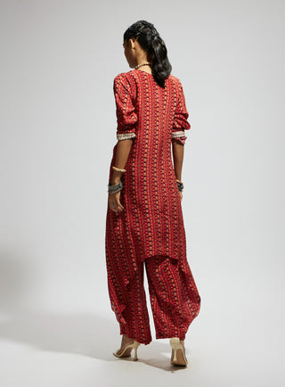 Sva By Sonam And Paras Modi Orange Boho Print Front Tie Up Tunic And Pants available on indiaspopup