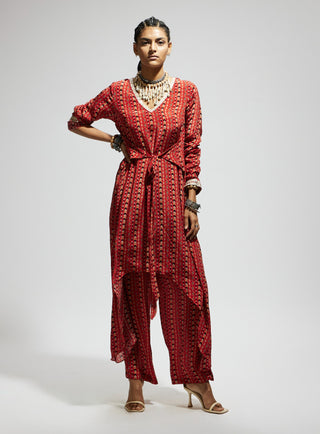 Sva By Sonam And Paras Modi Orange Boho Print Front Tie Up Tunic And Pants available on indiaspopup