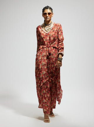 Sva By Sonam And Paras Modi Orange Jaal Print Front Tie Up Tunic And Pants available on indiaspopup