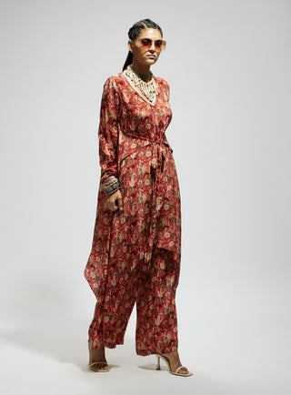 Sva By Sonam And Paras Modi Orange Jaal Print Front Tie Up Tunic And Pants available on indiaspopup