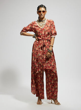 Sva By Sonam And Paras Modi Orange Jaal Print Front Tie Up Tunic And Pants available on indiaspopup