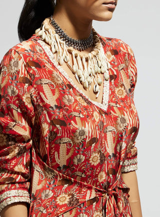 Sva By Sonam And Paras Modi Orange Jaal Print Front Tie Up Tunic And Pants available on indiaspopup