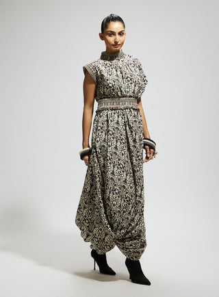 White printed cowl dress and belt