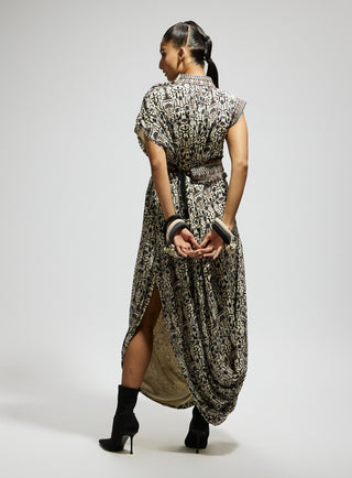 White printed cowl dress and belt