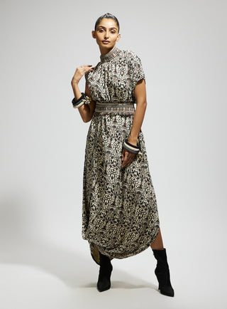 White printed cowl dress and belt