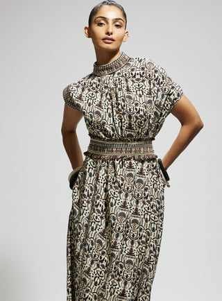 White printed cowl dress and belt