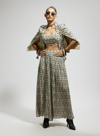 White crepe white geo print cape set