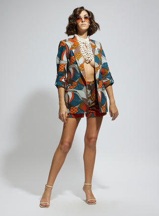 Multi silk abstract embellished blazer and shorts