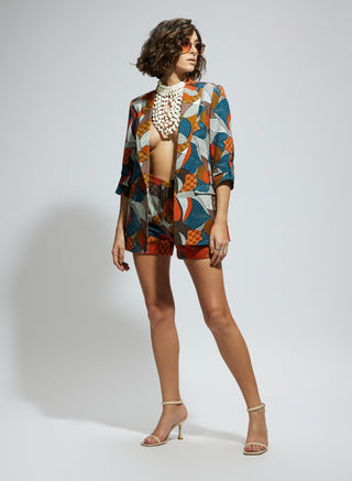 Multi silk abstract embellished blazer and shorts