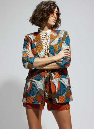 Multi silk abstract embellished blazer and shorts