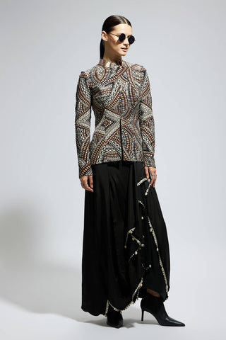 Black zentangle embellished jacket and skirt