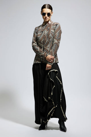 Black zentangle embellished jacket and skirt