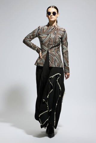 Black zentangle embellished jacket and skirt