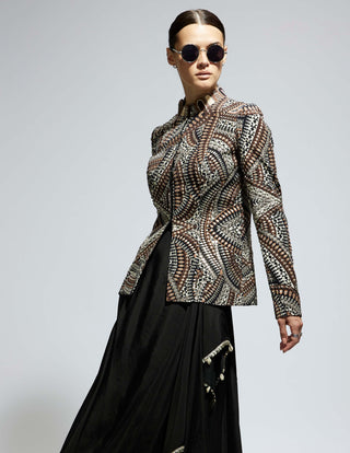 Black zentangle embellished jacket and skirt