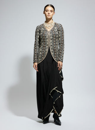 Black silk embellished jacket and drape skirt