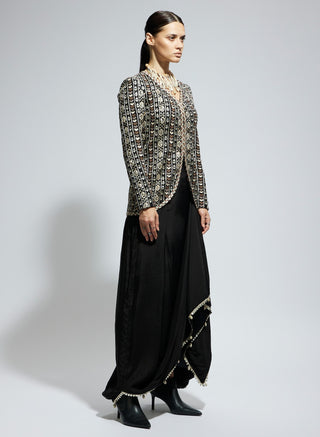 Black silk embellished jacket and drape skirt