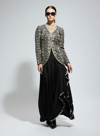 Black silk embellished jacket and drape skirt