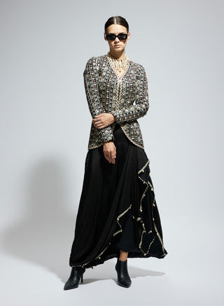 Black silk embellished jacket and drape skirt