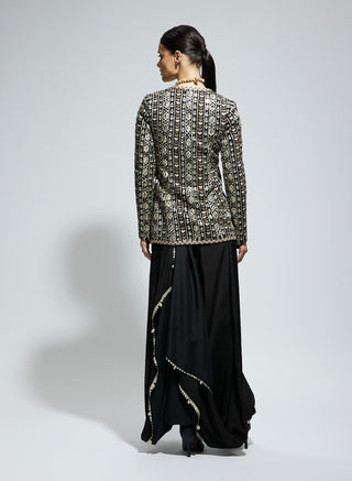 Black silk embellished jacket and drape skirt