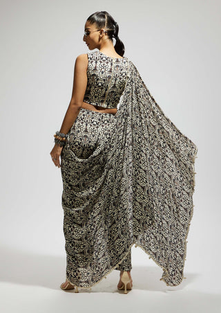 White print crop top with attached drape and pants