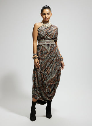 Sva By Sonam And Paras Modi Brown Zentangle Printed One Shoulder Cowl Dress And Belt available on indiaspopup