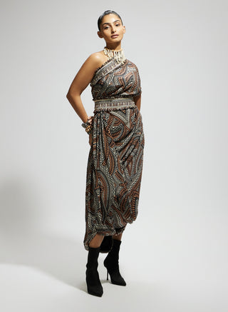 Brown zentangle printed one shoulder cowl dress and belt