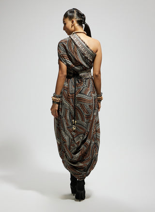 Brown zentangle printed one shoulder cowl dress and belt