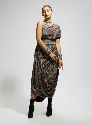 Sva By Sonam And Paras Modi Brown Zentangle Printed One Shoulder Cowl Dress And Belt available on indiaspopup