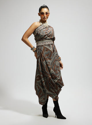 Brown zentangle printed one shoulder cowl dress and belt