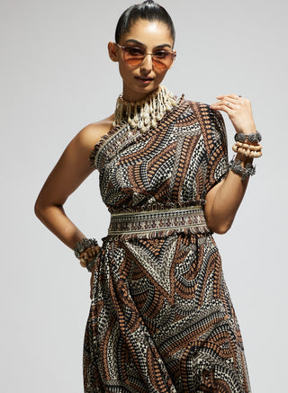 Brown zentangle printed one shoulder cowl dress and belt