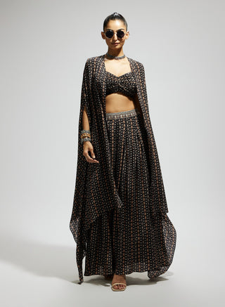 Black boho print bustier, cape and flared pants