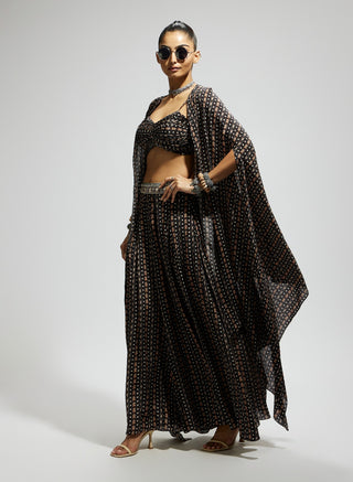 Black boho print bustier, cape and flared pants