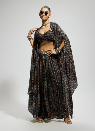 Black boho print bustier, cape and flared pants