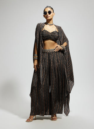 Black boho print bustier, cape and flared pants