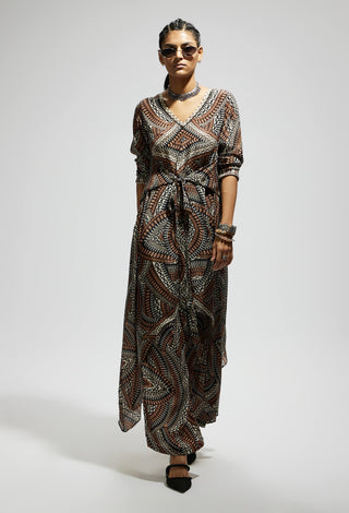 Sva By Sonam And Paras Modi Brown Zentangle Print Front Tie Up Tunic And Pants available on indiaspopup
