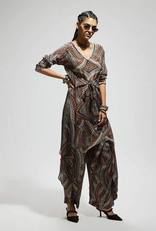 Sva By Sonam And Paras Modi Brown Zentangle Print Front Tie Up Tunic And Pants available on indiaspopup