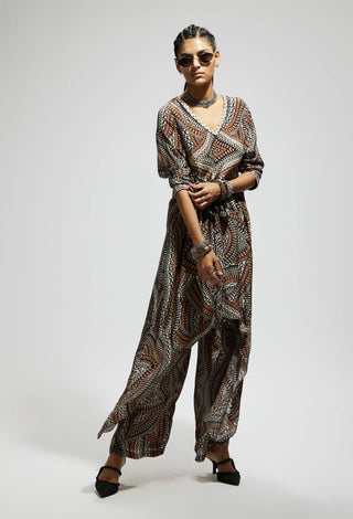 Sva By Sonam And Paras Modi Brown Zentangle Print Front Tie Up Tunic And Pants available on indiaspopup