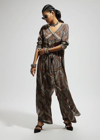 Sva By Sonam And Paras Modi Brown Zentangle Print Front Tie Up Tunic And Pants available on indiaspopup