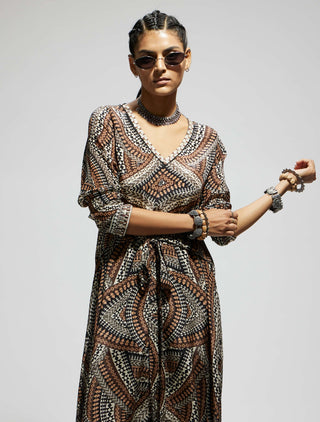 Sva By Sonam And Paras Modi Brown Zentangle Print Front Tie Up Tunic And Pants available on indiaspopup