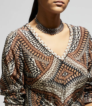 Sva By Sonam And Paras Modi Brown Zentangle Print Front Tie Up Tunic And Pants available on indiaspopup