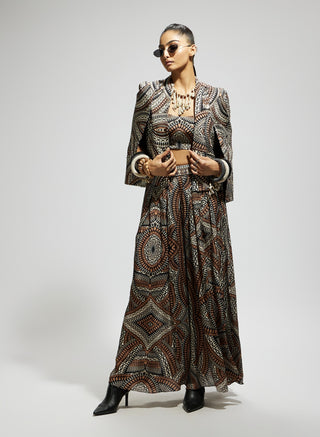 Brown zentangle print cape jacket set