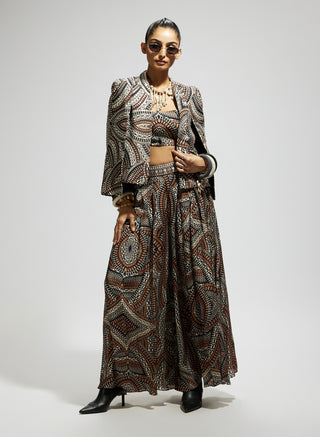 Brown zentangle print cape jacket set