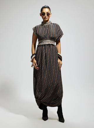 Sva By Sonam And Paras Modi Black Boho Print Stripe Print Cowl Dress And Belt available on indiaspopup