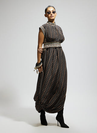 Black boho print stripe print cowl dress and belt