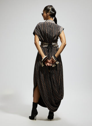 Black boho print stripe print cowl dress and belt