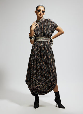 Black boho print stripe print cowl dress and belt