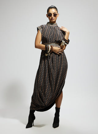 Black boho print stripe print cowl dress and belt