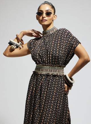 Black boho print stripe print cowl dress and belt