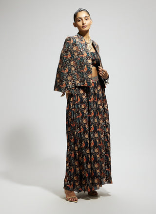 Black jaal embellished cape and skirt set